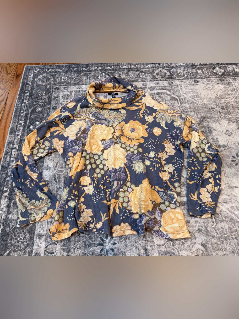 Chaps Navy Floral Mock Neck Long Sleeve Top with Yellow Blooms